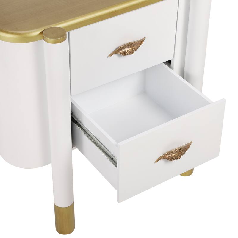 Modern 2 Drawers Nightstand Bedside Table with Metal Feather-Shaped Handles