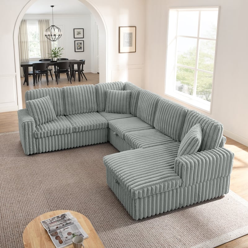 Corduroy Upholstered Reclining Sofa U-shaped Sleeper Sectional Couch with Pull Out Bed, Storage Chaise and Adjustable Backrests