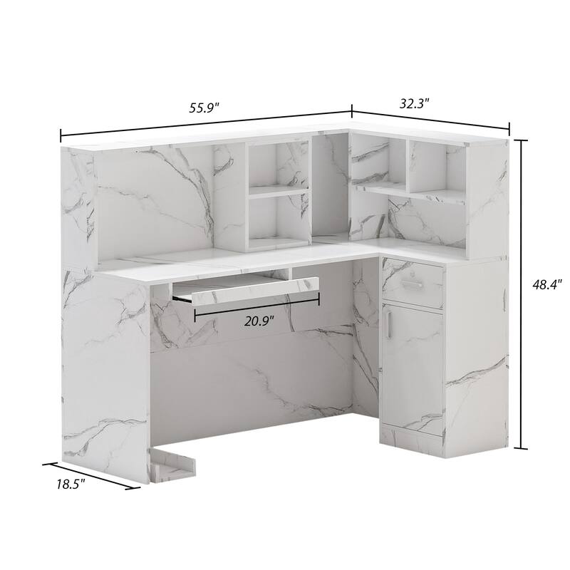 Timechee Reception Desk L-Shaped Counter Shelves Drawers Reception Table