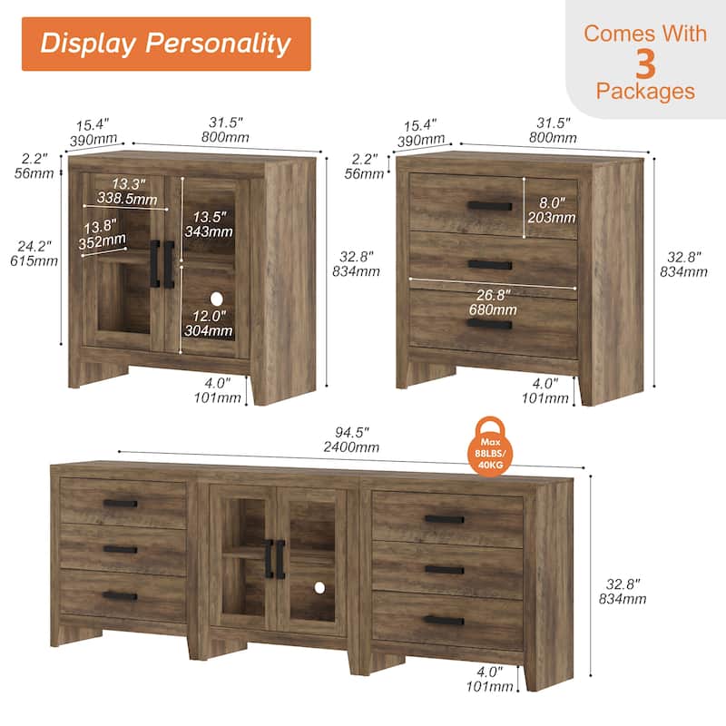 WAMPAT Farmhouse Buffet Cabinet with Glass Doors and Drawers, 3-Piece Modular Sideboard