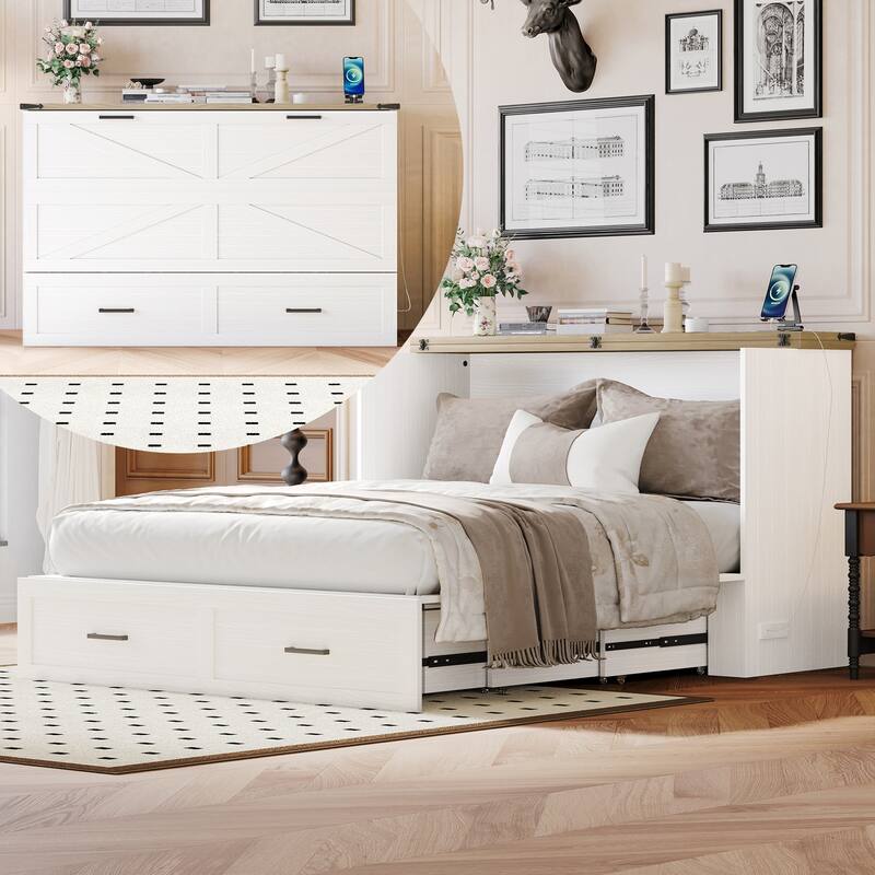Full/Queen Size Pull Out Murphy Bed Frame, Wood Foldable Platform Cabinet Bed with Charging Station and Large Storage Drawers