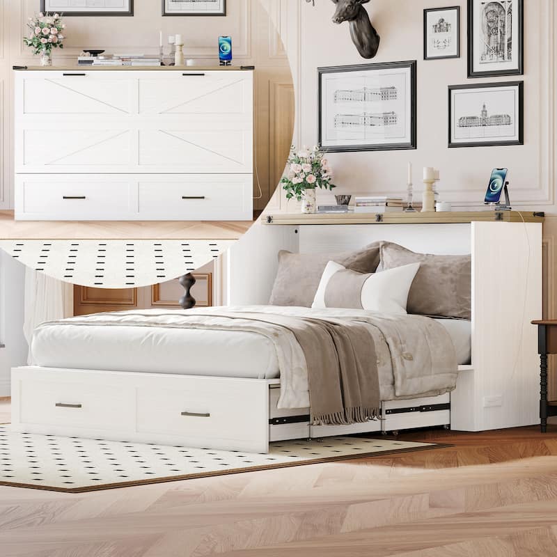 Queen Size Farmhouse Murphy Cabinet Bed with Charging Station, Foldable Platform Bed with Large Storage Drawer for Guest-Room - White