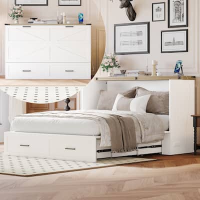 Queen Size Wood Murphy with Charging Station, Foldable Platform Bed with Large Storage Drawer