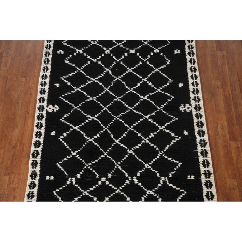 Black Plush Moroccan Indian Area Rug Hand-Knotted Wool Carpet - 5'2"x 8'1"
