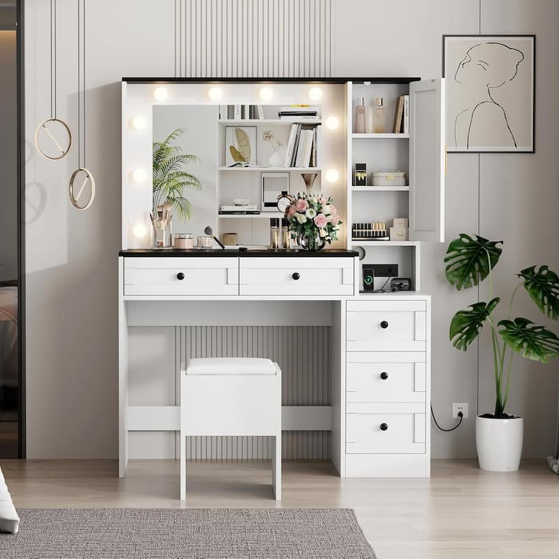 Makeup Vanity Desk and Stool,Vanity Table Set with Charging Station, Drawers and Hidden Storage Shelves - White