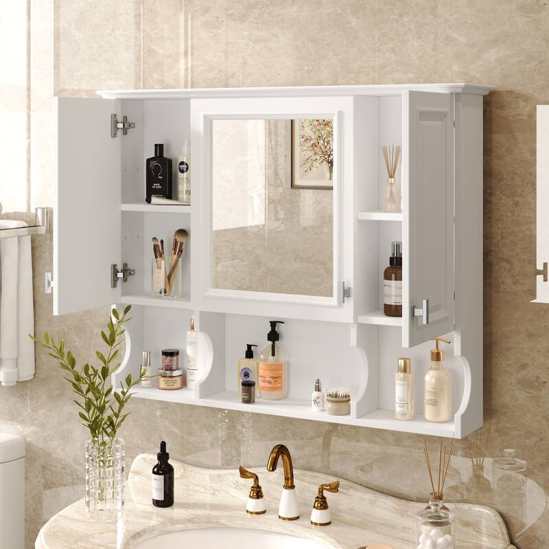 35'' x 28'' Wall Mounted Bathroom Cabinet, Modern Bathroom Wall Cabinet with Mirror and Open Shelves