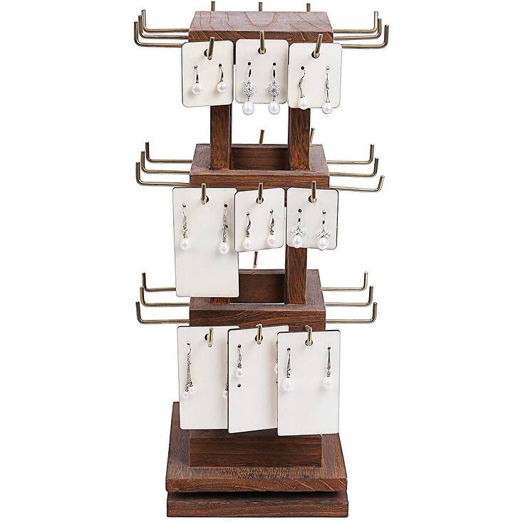 Natural Wood Rotating 36 Hooks Jewelry Tower - Brown