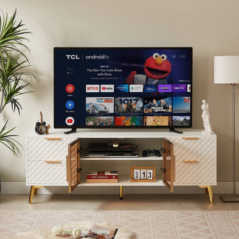 Deluxe Sculpted Modern Fashion Geometric Style TV Stand, 4 Drawer Chest with Adjustable Metal Feet
