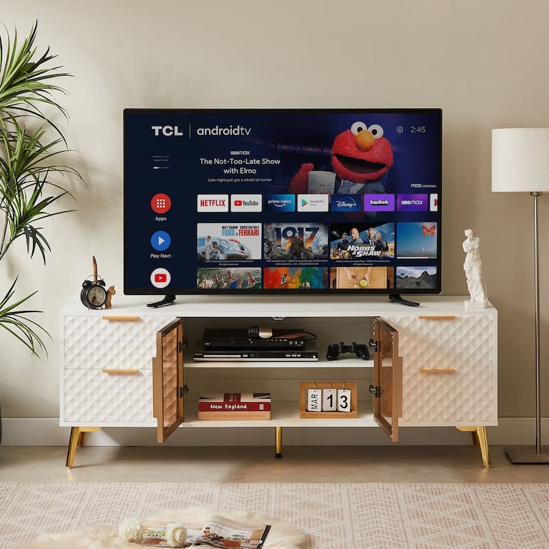 Modern TV Stand with Aluminum Frame Tempered Glass Door 4 Drawer