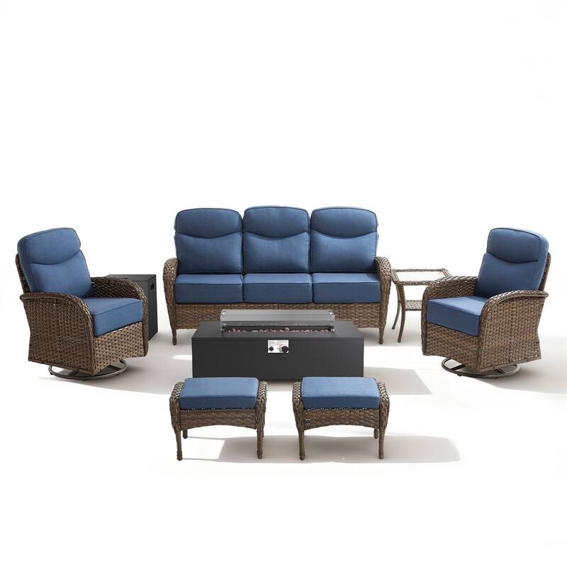 Meyreso 7-Piece Wicker Outdoor Patio Fire Pit Sofa Set with 6-Inch Thick Cushions