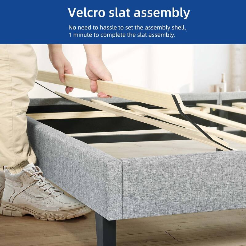 Moasis Upholstered Platform Bed Frame with Wood Slats Linen Headboard