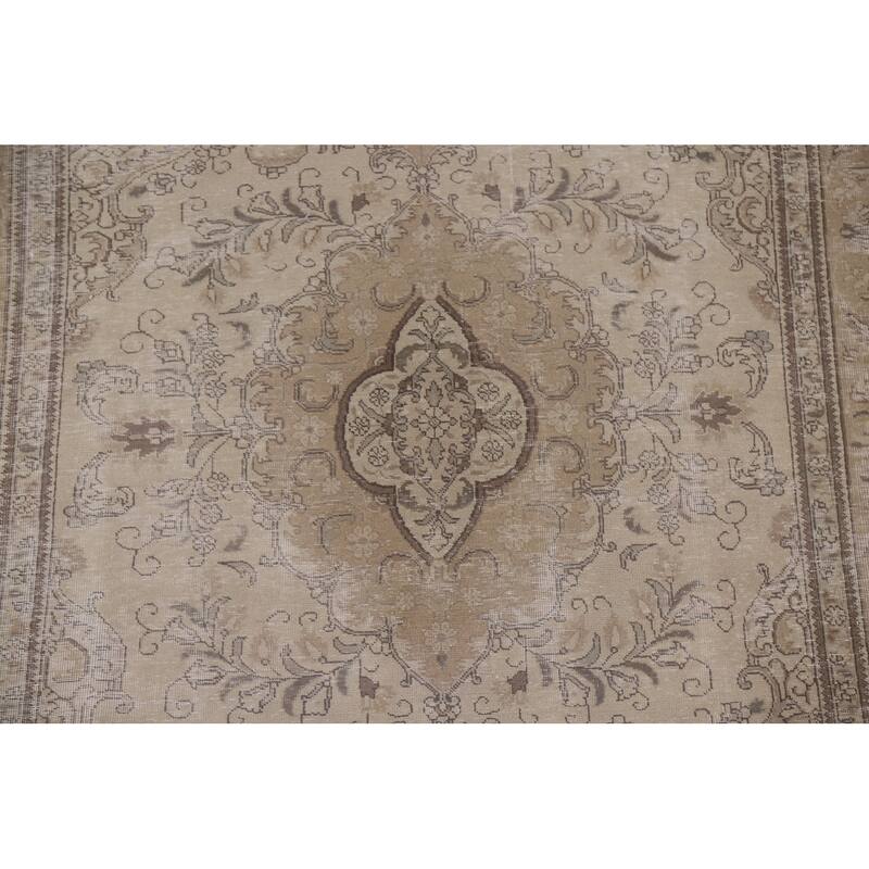 Beige Distressed Tabriz Persian Vintage Rug Handmade Wool Carpet - 6'6" x 9'3"