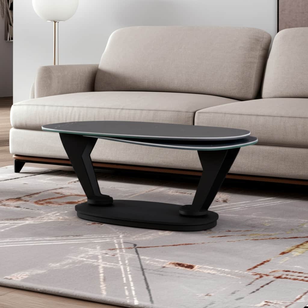 HomeRoots 36" Gray And Black Faux Marble And Metal Oval Coffee Table - 35.5 in. x 16.5 in. x 23 in.