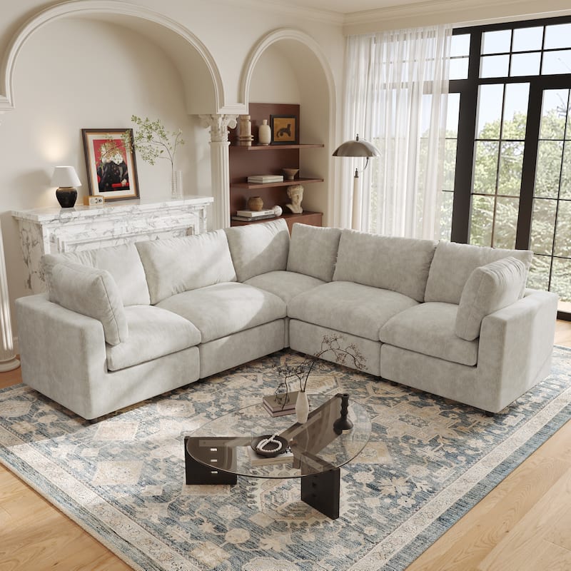 5 Seat L-Shaped Sectional Sofa chenille Fabric Upholstered Couch with Removable Cushions Modern Living Room Furniture - Beige
