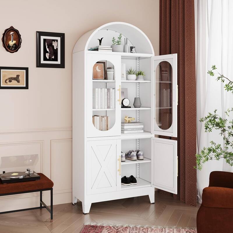 73" H Metal Tall Arched Kitchen Pantry Cabinet with Glass Door