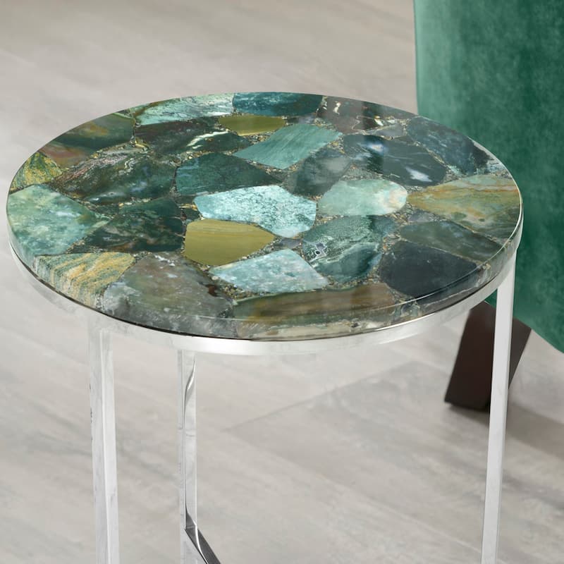 Steve Silver Fleures Ornamental Stone Top and Chrome Metal Side Table