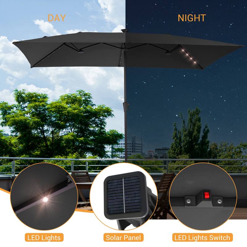 LIVOOSUM 10 x 6.5Ft Solar-powered Large Double-Sided Rectangular Outdoor Patio Market Umbrella with Crank, Gray
