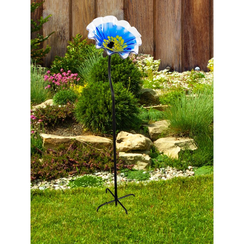43IN Tall Blue Fiore Bloom Art Glass Garden Stake