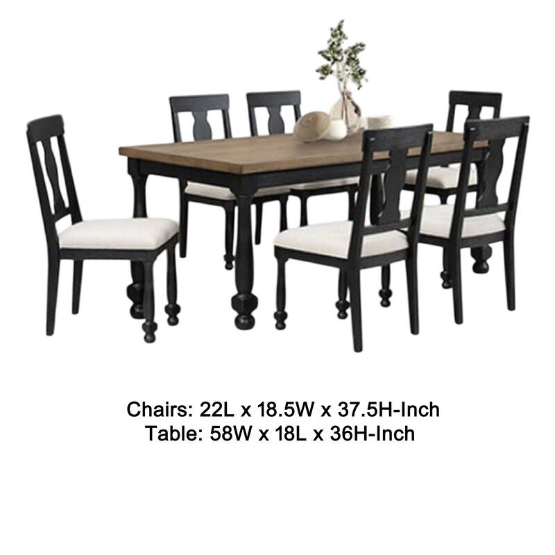 Ginie 7pc Dining Table Set, 6 Chairs, Farmhouse Legs, Black Rubberwood