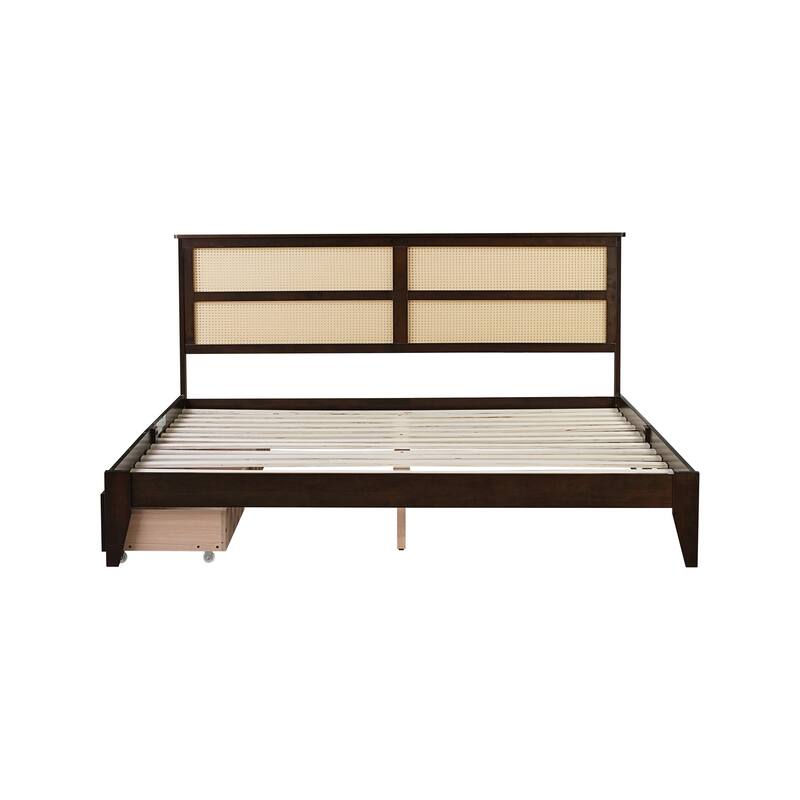 King Size Bed with Rattan Headboard and Two Drawers