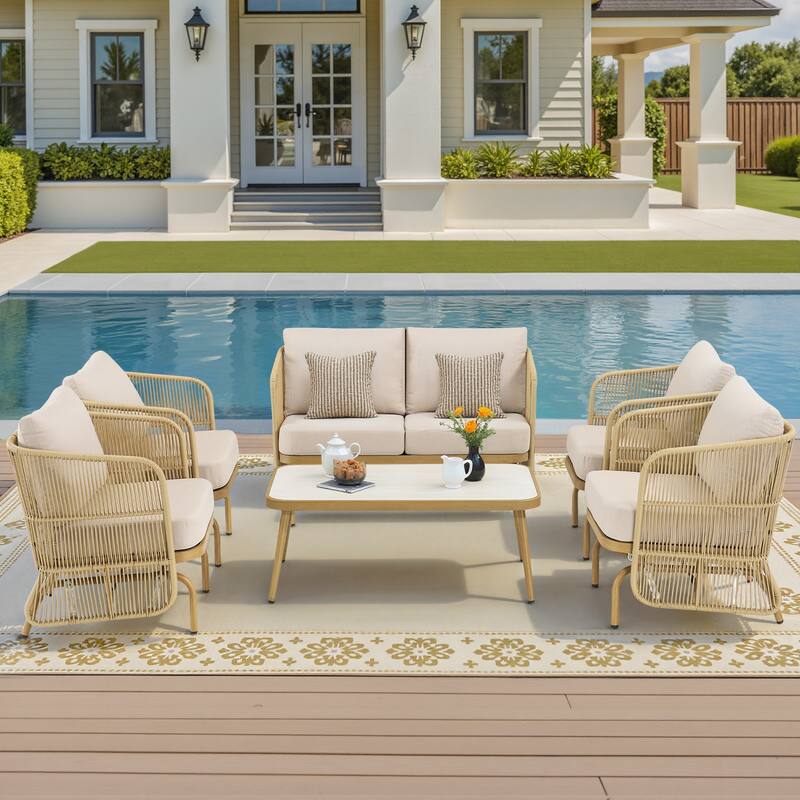 Pocassy Patio Sofa Glider Chair with Coffee Table - Yellow Wicker Beige Cushion - 6-Piece 2-Seat Sofa Glider Chair with Coffee Table