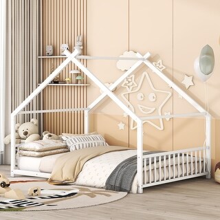 White Full Size Metal House Bed with Roof, Fence, and Back for Kids