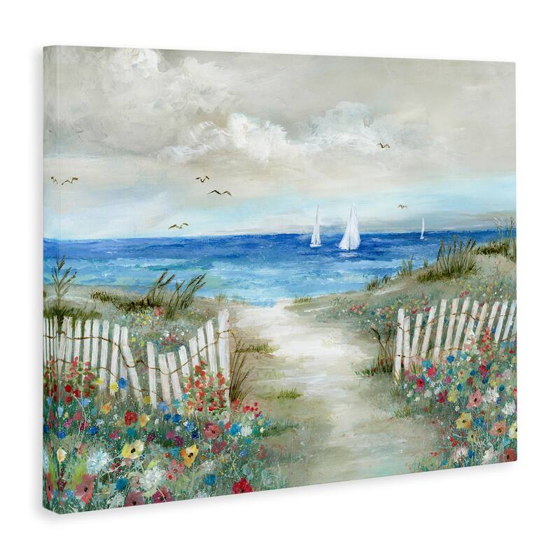 Stupell Gorgeous Beach Scene Poppies Blooming White Fence Ocean Canvas Wall Art