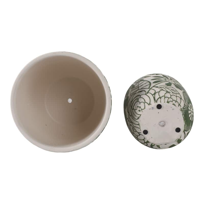 Pottery Planters Floral Carved Design (Set of 2) - 7", 6" White, Green - 8" x 8" x 7"