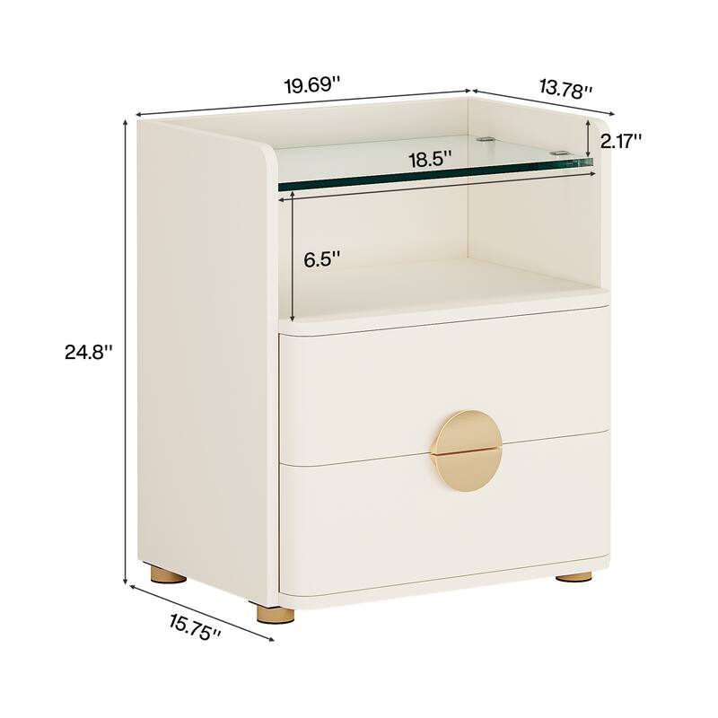 19.68" 2-Drawer Nightstand with Tempered Glass Top & Open Shelf - Wood Bedside Table with Gold Metal Legs, Stylish End Table