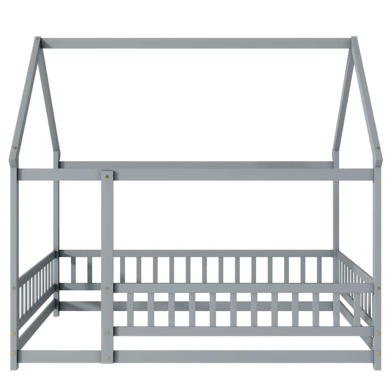 Full Size House Floor Wooden Bed with Roof Frame