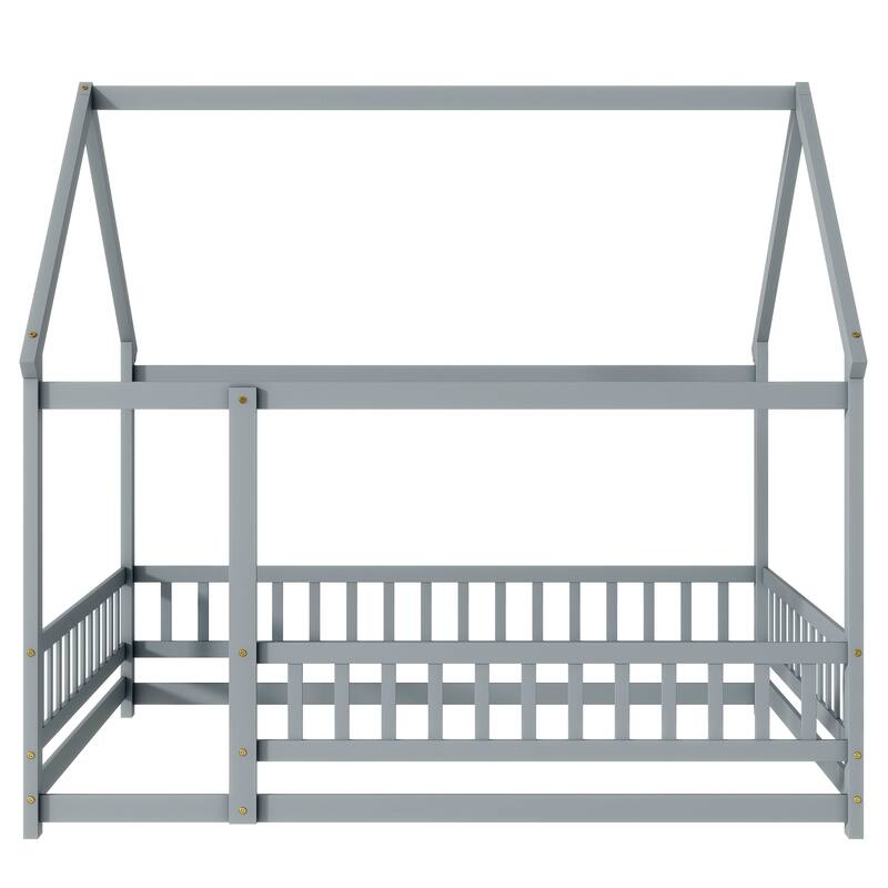 House Floor Bed without Slat, Wooden Floor Bed Frame, Rubber Wood House Shaped Bed Frame with Roof and Fence