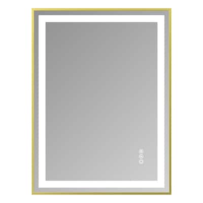 Modern Gold LED Bathroom Mirror with Dual Light Strips and Anti-Fog Dimmable for Horizontal or Vertical - 24” x 32” x 0.16”