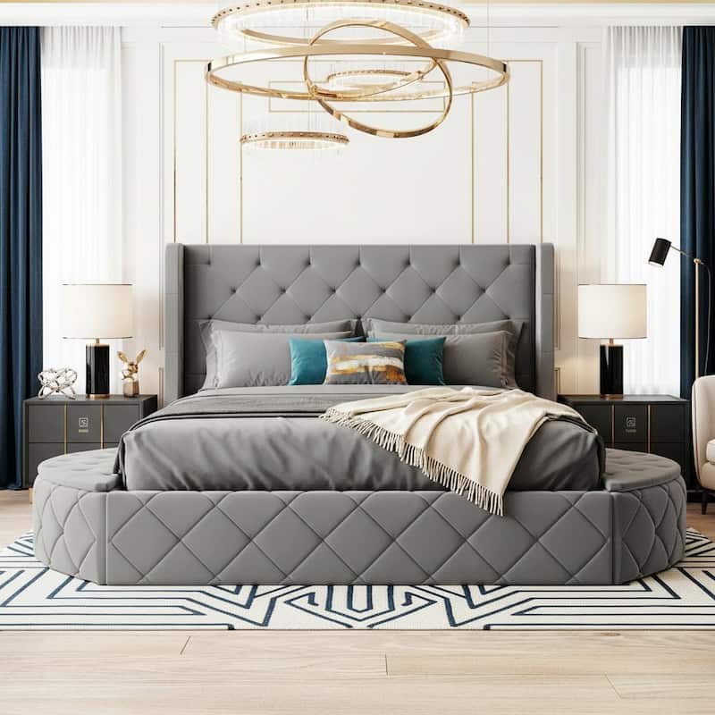 Queen Size Velvet Upholstered Platform Bed with Wingback Headboard, Tufted Design & Hidden Storage Solutions - Grey