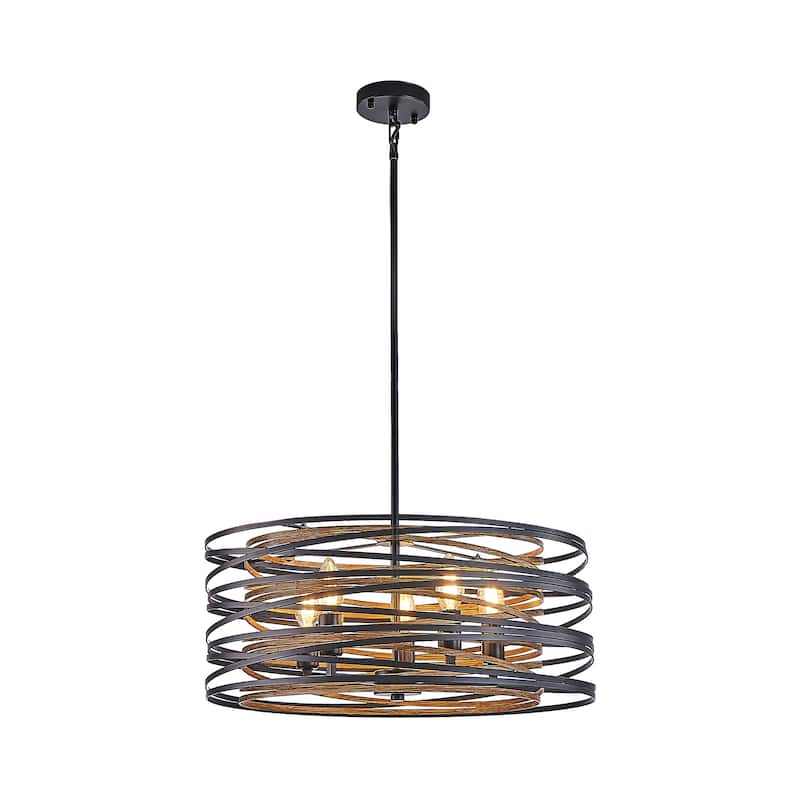 20" Rustic Industrial Pendant Light, 5-Light Black and Walnut Metal Cage Chandelier with Wood Accent