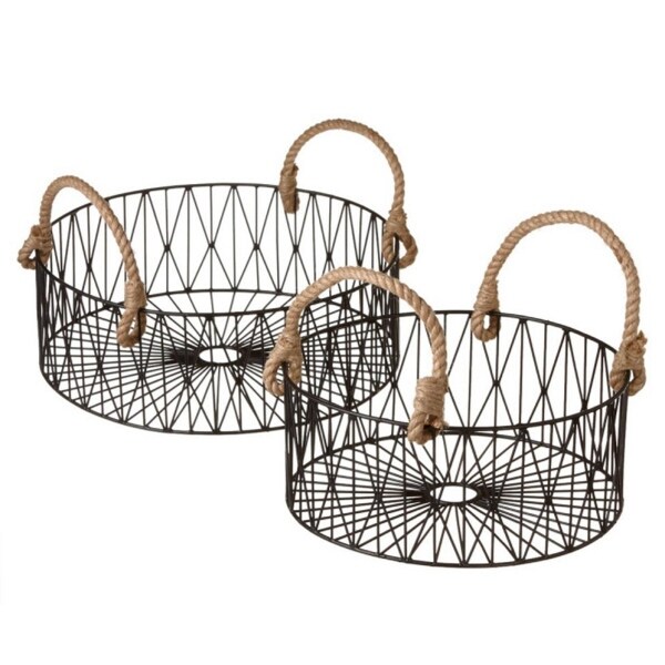 Set of 2 Contemporary Geometric Black Wire Nesting Baskets with Rope Handles - N/A
