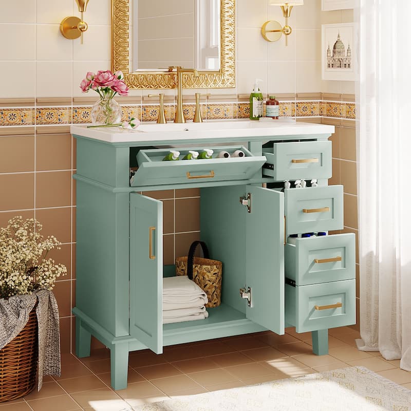 Modern Bathroom Vanity with Resin Sink, 2 Soft Close Doors and 4 Drawers - Green