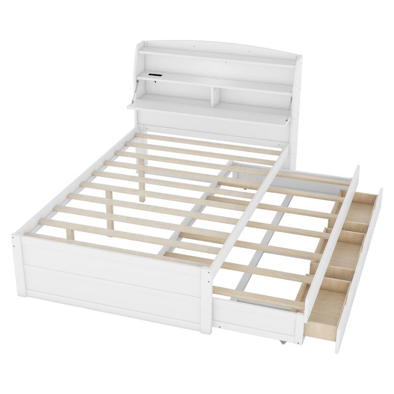 Wood Captain Bed Platform Bed with Trundle and 3 Drawers, Single Bed Frame with Storage Headboard and Integrated LED Light