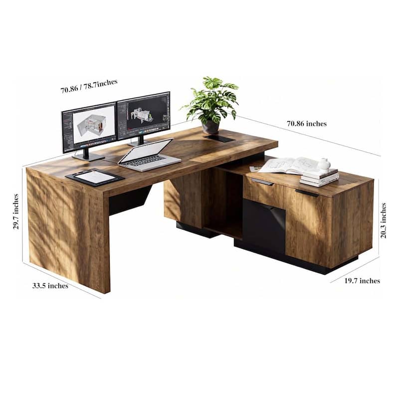 WESOME Retractable L-Shaped Executive Desk with Cable Management Drawers and Lateral File Cabinet