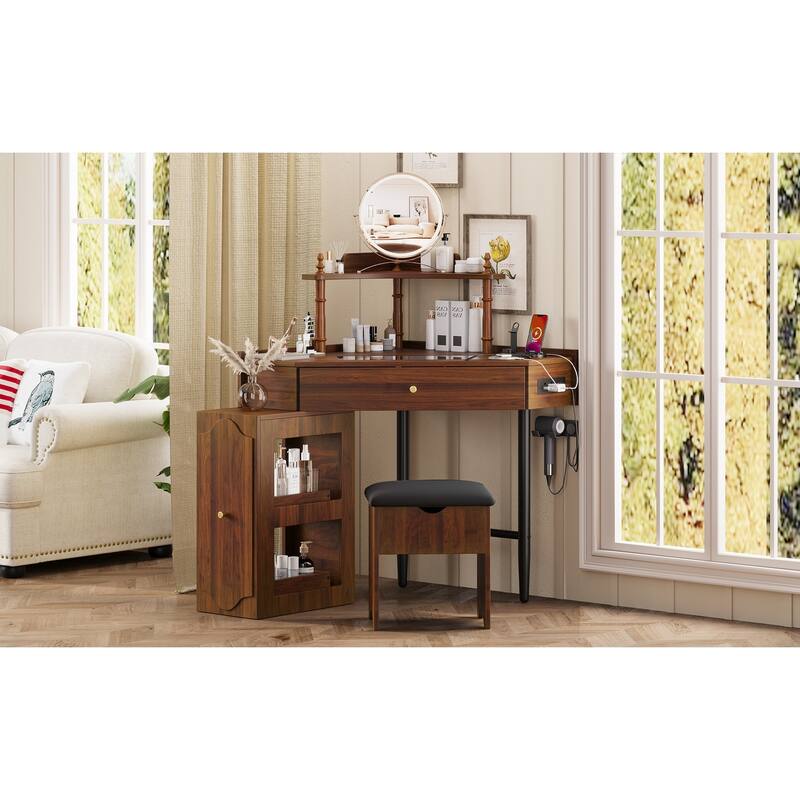 Corner Vanity Desk Set with Storage Stool, Glass Tabletop Makeup Vanity, Dressing Table with Side Cabinet, Drawer & Shelf