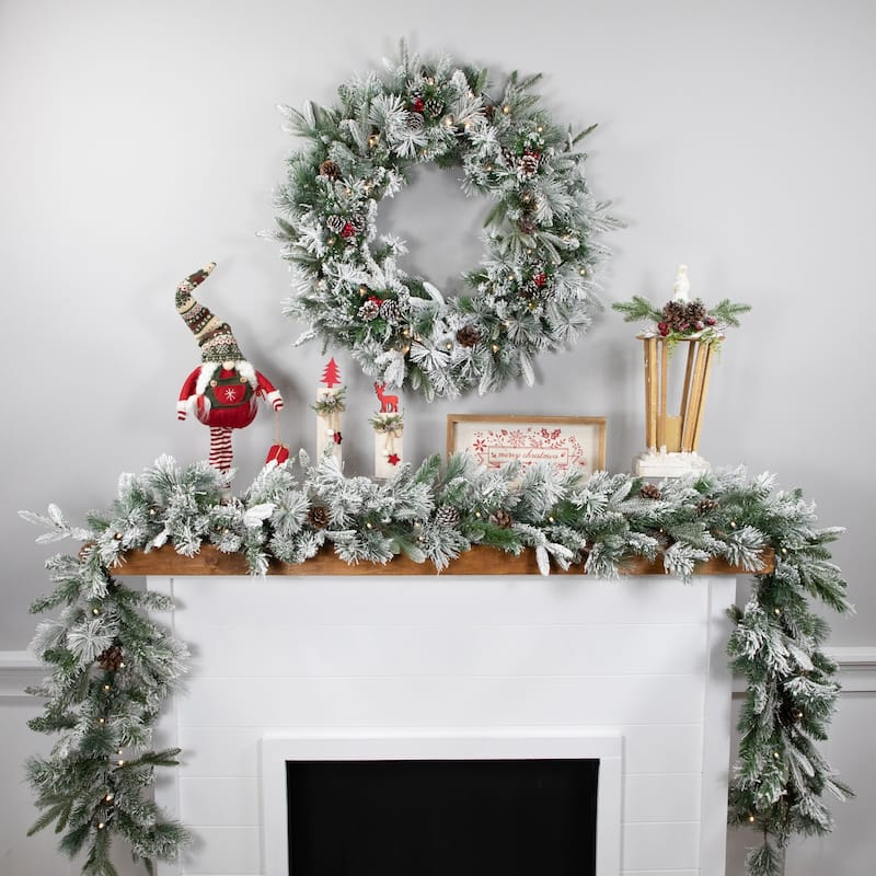 Pre-Lit Flocked Rosemary Emerald Angel Pine Artificial Christmas Wreath - 30-Inch Clear LED Lights - 30"