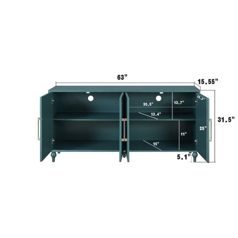Roomfitters 63" Navy Blue Storage Cabinet, Large 4-Door Sideboard with Carved Flower Detail & Metal Handles