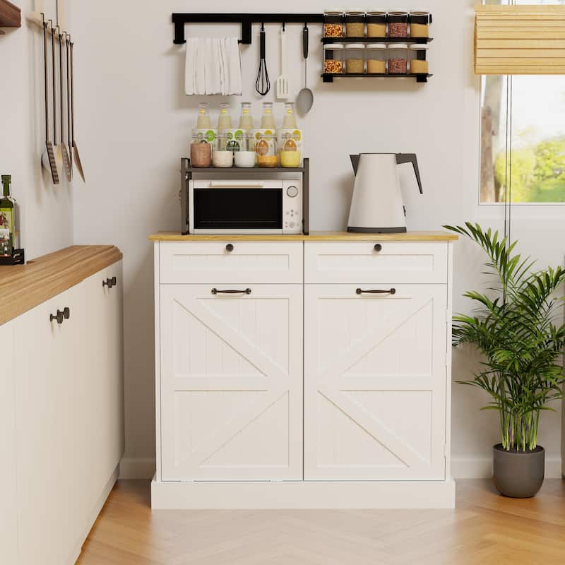 Anmytek Kitchen Trash Can Storage Cabinet with Drawers Tilt Out Door Shelves White Farmhouse