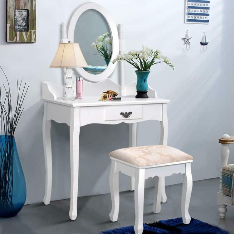 Wooden Vanity Makeup Set with Cushioned Stool and Oval Rotating Mirror - 29.5" x 16" x 53" (L x W x H)