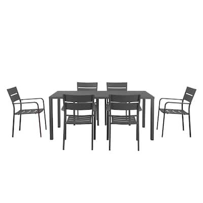 Meta 7 Piece Outdoor Dining Table, Chairs Set, Gray, Plank Seats and Backs