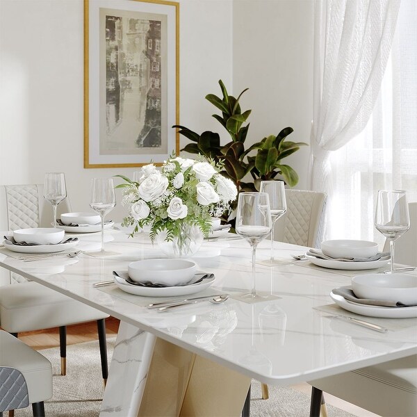 Modern Luxury White Rectangular Dining Table with Glossy Sintered Stone Tabletop White Z shaped Stainless Steel Base On Sale Bed Bath Beyond 39636501