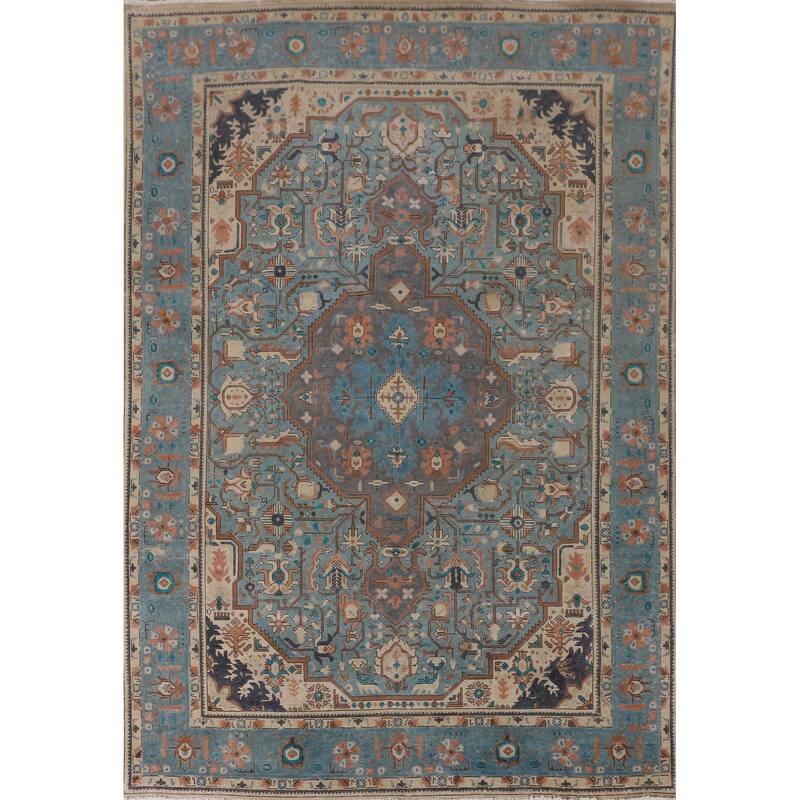 Over-Dyed Blue Tabriz Persian Vintage Area Rug Handmade Wool Carpet - 6'10"x 9'8"