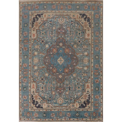Over-Dyed Blue Tabriz Persian Vintage Area Rug Handmade Wool Carpet - 6'10"x 9'8"