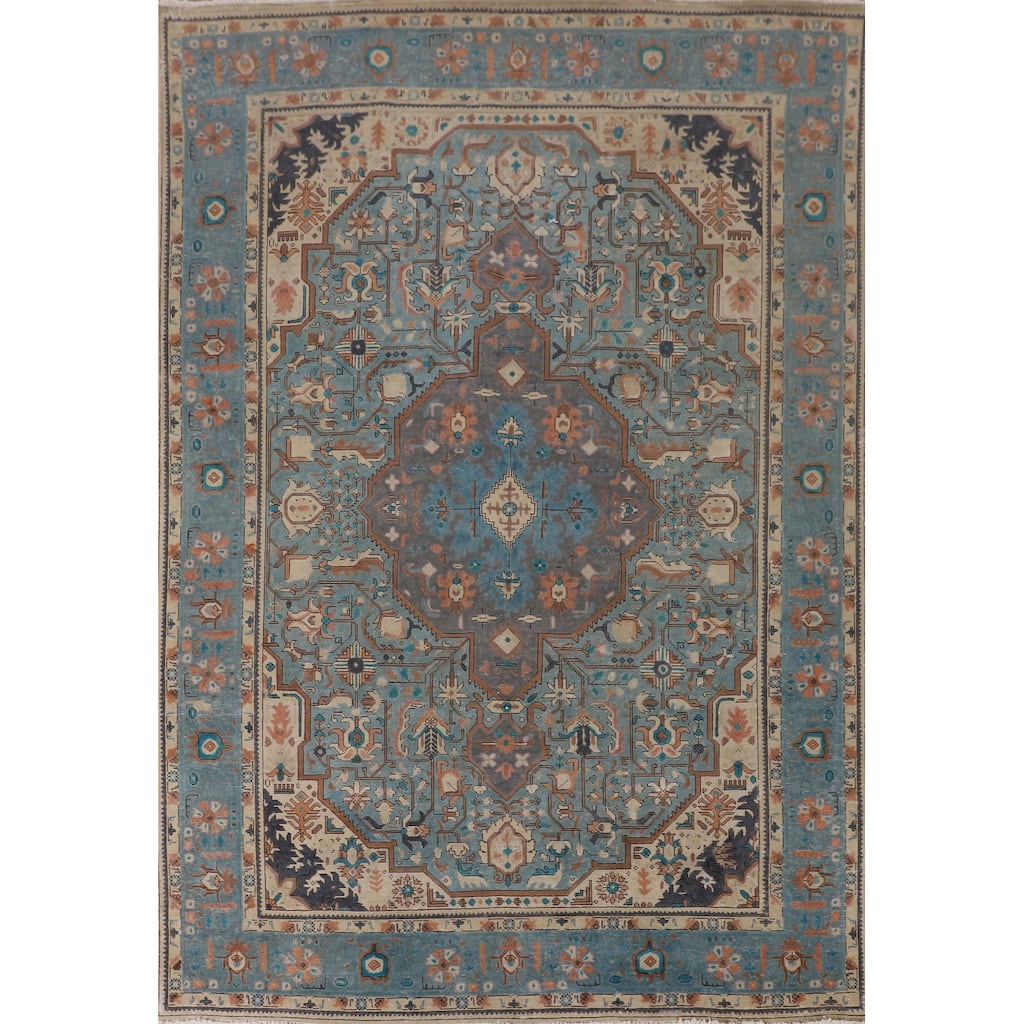 Over-Dyed Blue Tabriz Persian Vintage Area Rug Handmade Wool Carpet - 6'10"x 9'8"