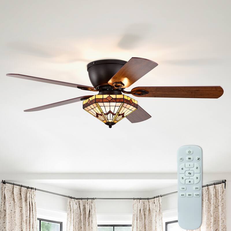 Lymelyn 52-Inch Flushmount Lighted Ceiling Fan Ivory Geometric Tiffany Glass Lamp Black Finish