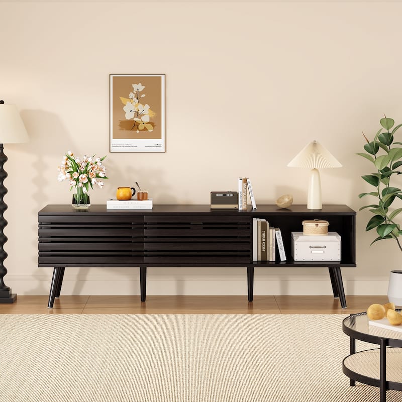 Mid Century Modern TV Stands for up to 70" TV with Storage, Fluted Wood TV Stand for Living Room, Boho Media Console